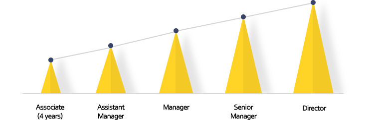 Associate (4 years) –> Assistant Manager –> Manager –> Senior Manager –> Director