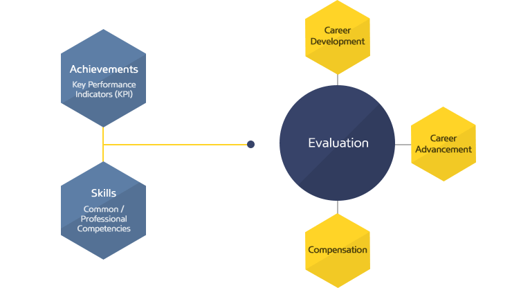 Achievements:Key Performance Indicators (KPI) + Skills:Common/Professional Competencies –> Evaluation –> Career Development, Career Advancement, Compensation
