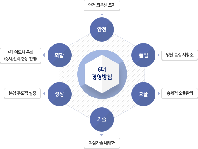 6대 경영 방침 - 안전(안전 최우선 조치), 품질(양산 품질 재창조), 효율(총체적 효율관리), 기술(핵심기술 내재화), 성장(본업 주도적 성장), 화합(4대 하모니 문화(상시, 신뢰, 현장, 친애))